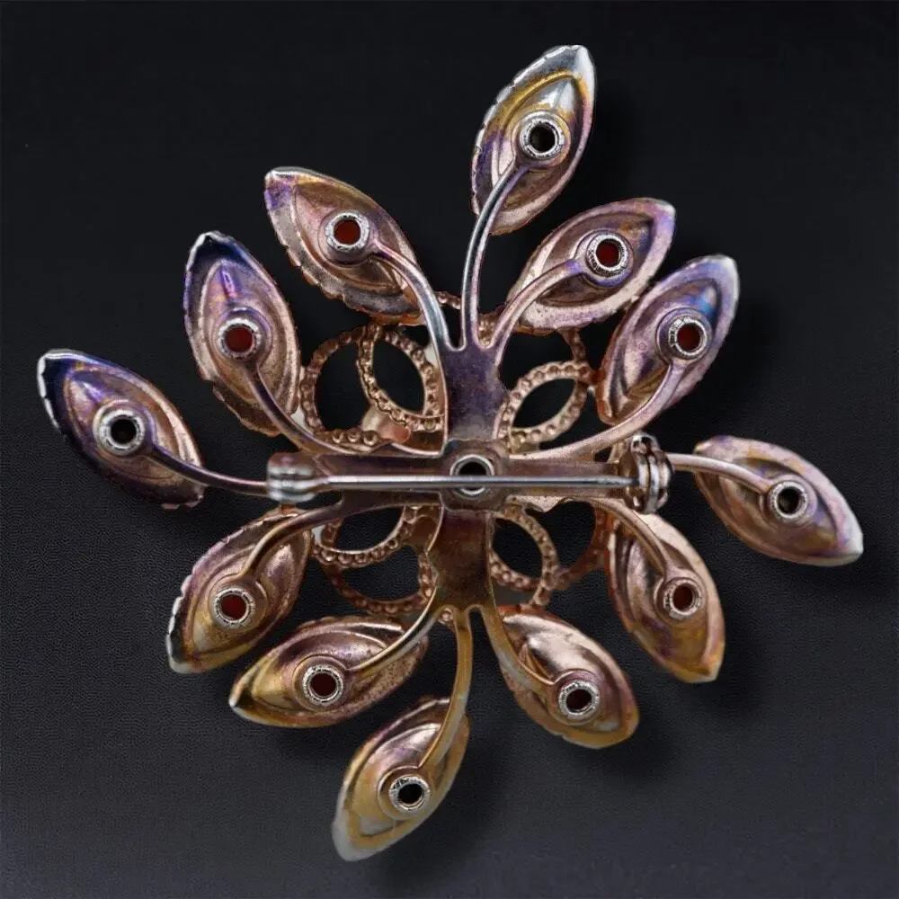 Vintage Atomic Starburst Brooch Orange Pink Rhinestone 2 in‎ MCM Retro Statement